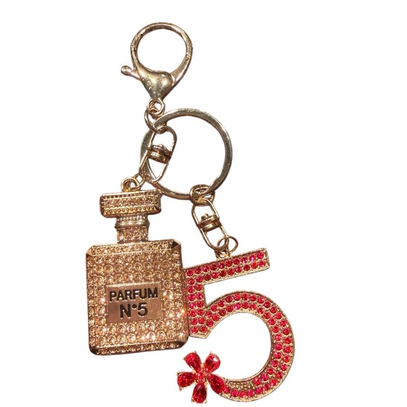 Upcycled Accessories - Parfum N°5 Bottle & Red Crystal '5' Charm Keychain